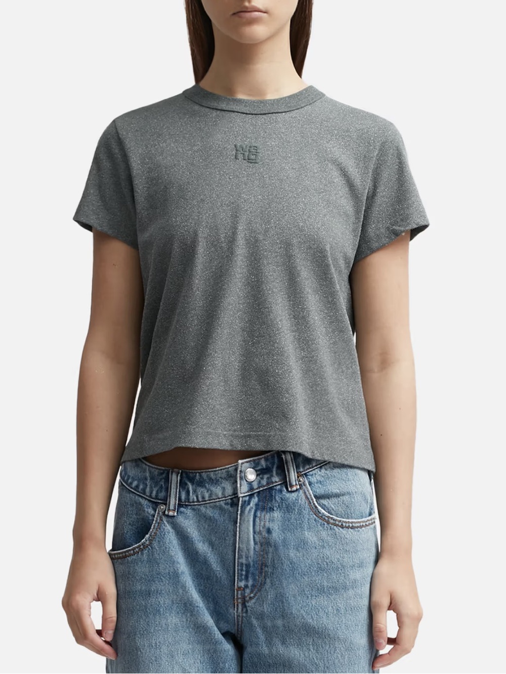 Alexander Wang Gray Glitter Jersey Logo Cropped T Shirt Cotton Tee Size M